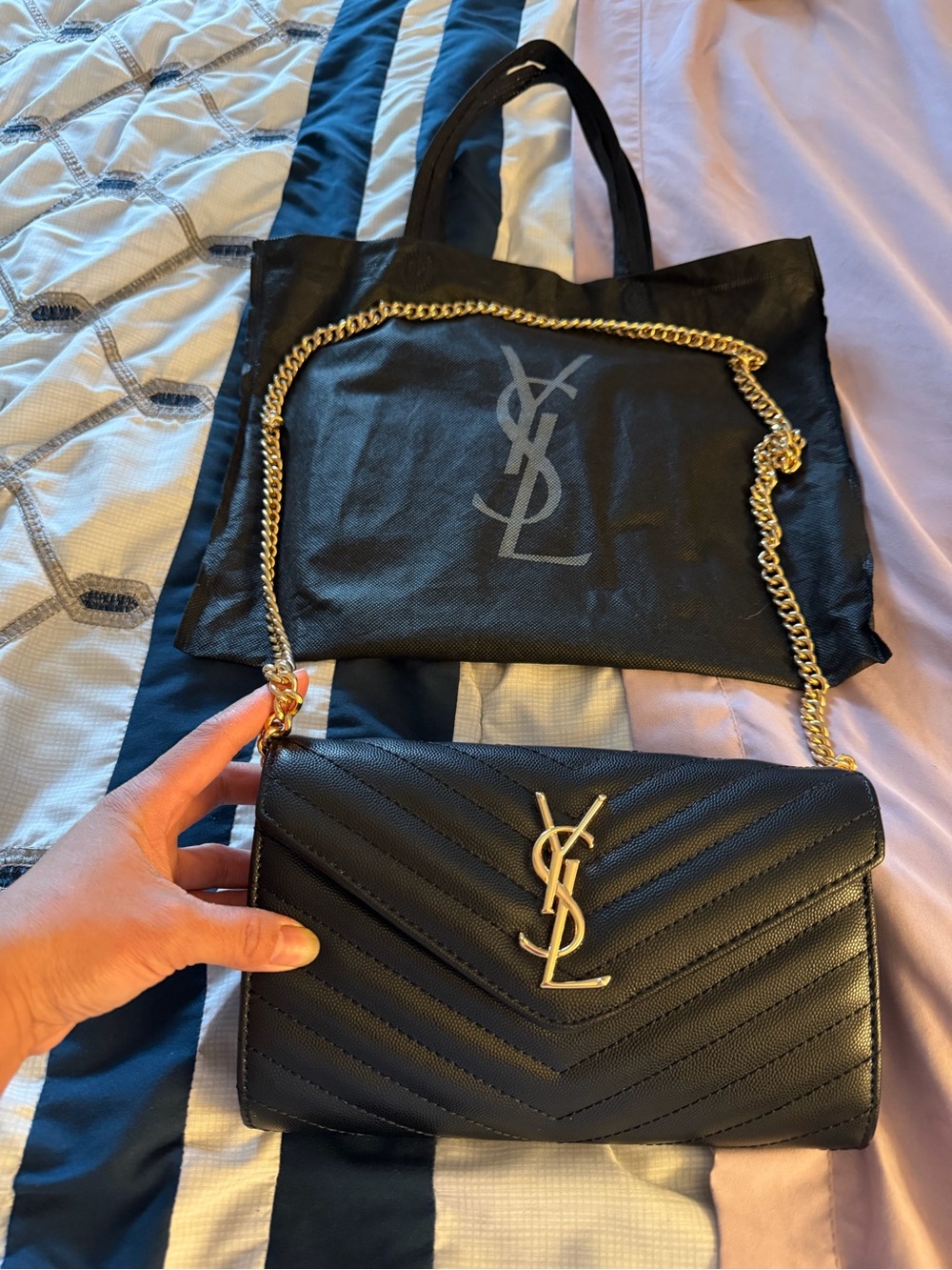 Saint Laurent Black Quilted Leather Chain Crossbody with Gold Hardware